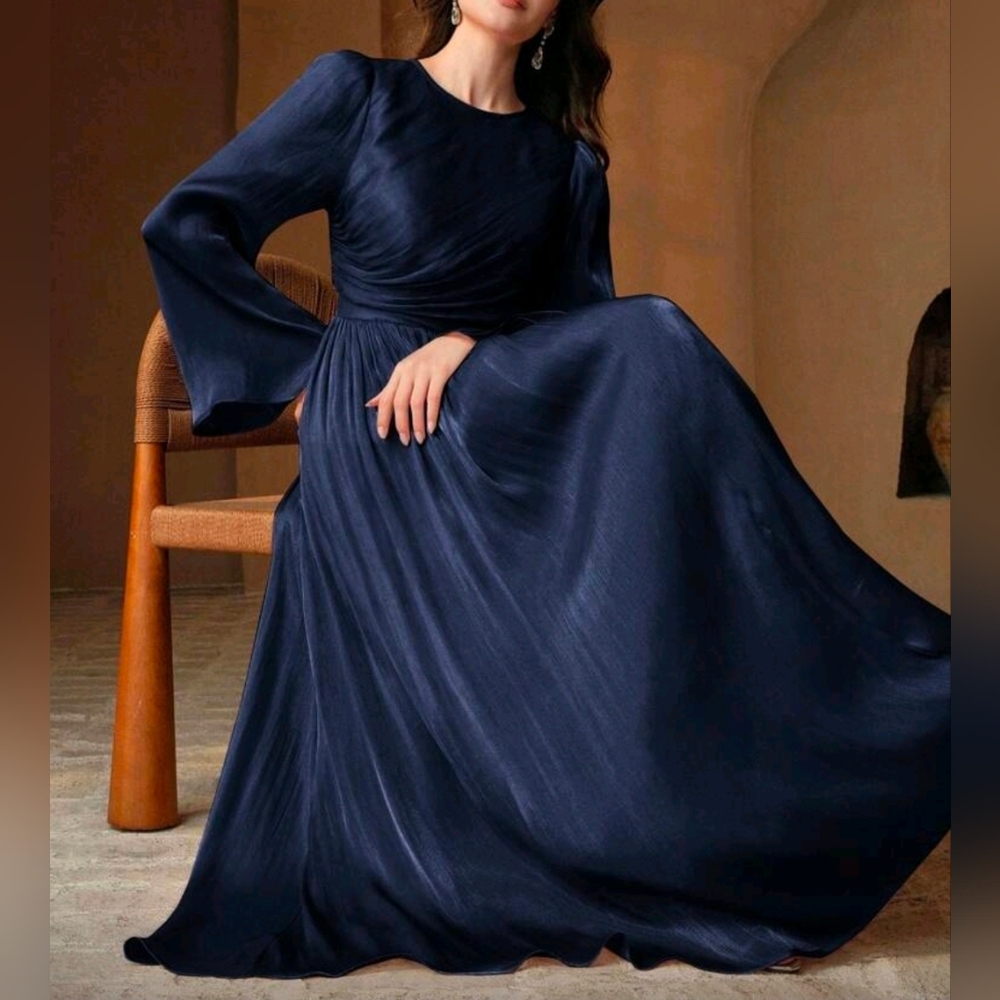 New Glam Gathered Top Flare Sleeve Maxi Dress Navy Blue - Picture 7 of 11